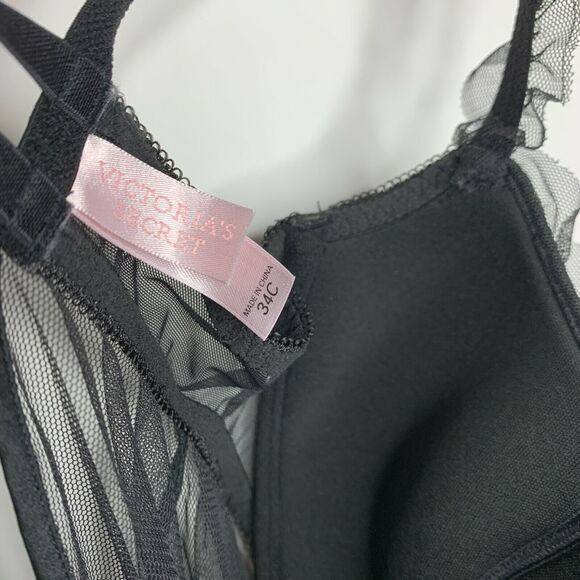 Victorias Secret Womens Size 34C Black Sheer Babydoll Nightgown Ruffle Pink Bows - Picture 2 of 5